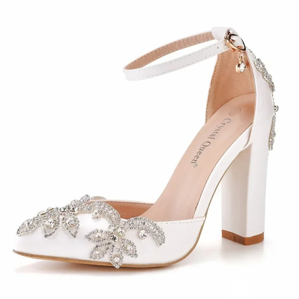2026 Thick Heel Pointed Toe Shoes Large Size  Thick Heel Sandals Women Rhinestone Wedding Shoes Women White Wedding Shoes Drill