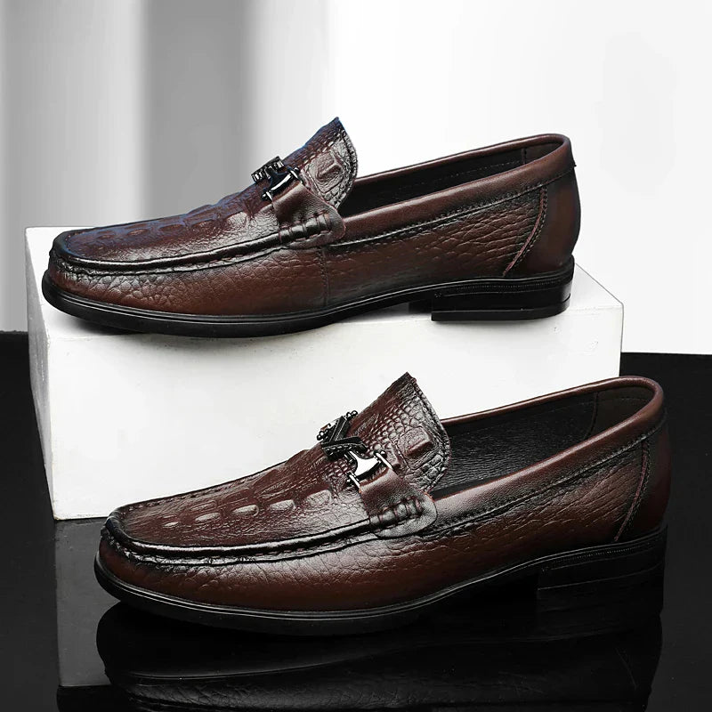 High Quality Round Toe Breathable Loafers Fashionable Brand Men's Comfortable Crocodile Patterned Casual Cowhide and Bean Shoes