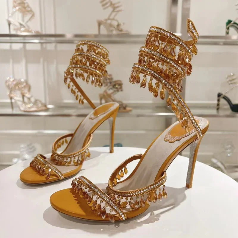 Luxury High Heels Sandals Women Crystal Pendant Snake Twine Around Ankle Strap Wedding Shoes Summer Bohemian Sandals Woman