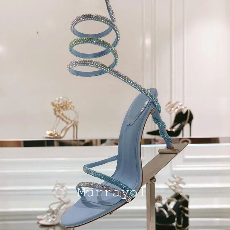 Glitter Crystal Decor High Thin Heels Sandals Women Shiny Snake Shaped Elastic Strap Design Sandalias Summer Party Dress Shoes