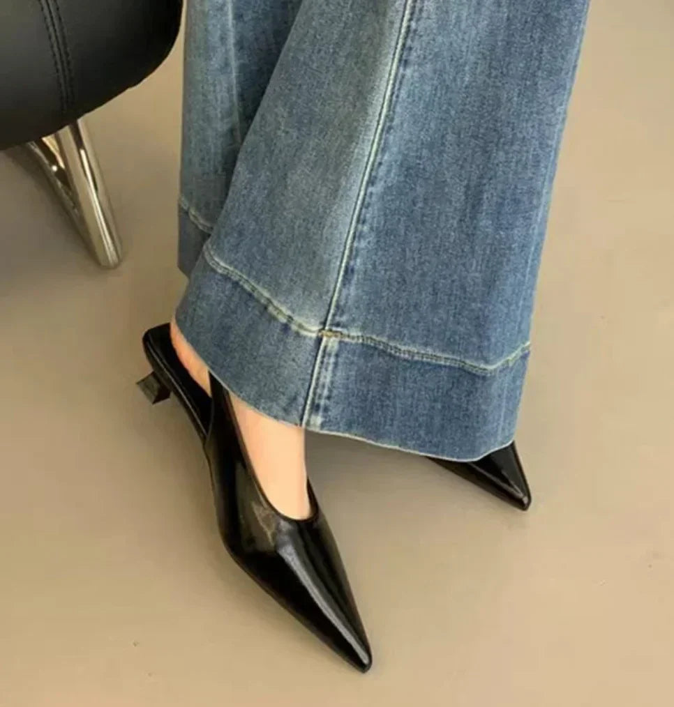 2025 Summer New Women Sandal Fashion Pointed Toe Shallow Slip on Ladies Elegant Slingback Shoes Thin Med Heel Dress Mules Pumps
