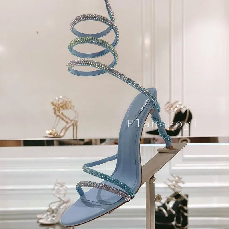 Thin Heels Gladiator Sandals Women's Shiny Rhinestone Ankle Snake Shaped Winding Party Shoes Summer Fashion High Heels Sandalias