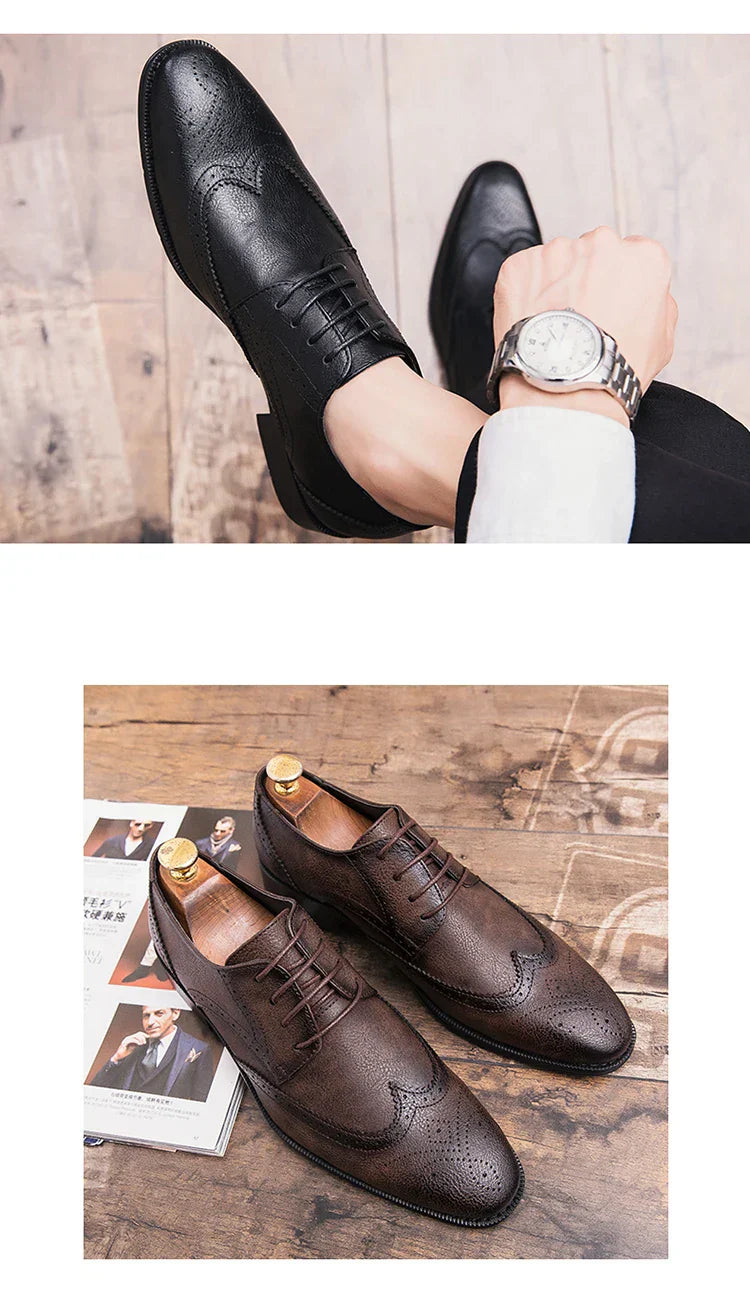 Lace-up casual leather shoes Men's wedding carved Brogues men's formal business pointed shoes Groom's leather shoes