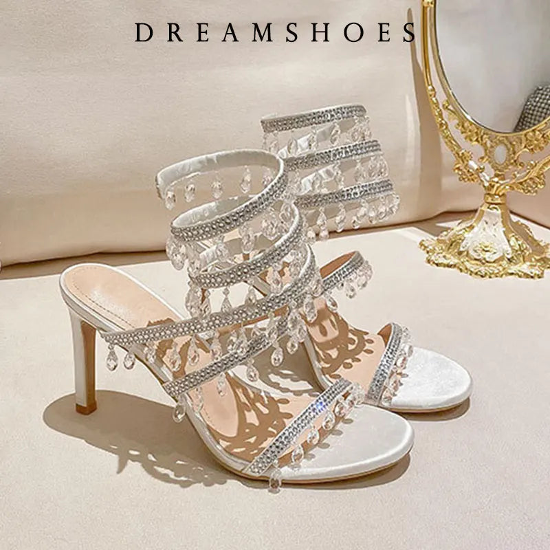 Women's New Shimmering Crystals Summer Shoes Tassel Crystal Shoes Sexy Banquet Party Twin Stiletto Women's Large Sandals