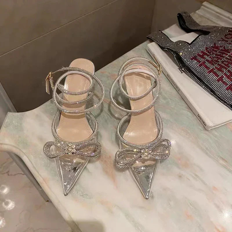 2025 New Fashion Glitter Rhinestones Women Pumps Crystal Bowknot Silk Pointed Toe Buckle Strap Thin High Heels Party Prom Shoes