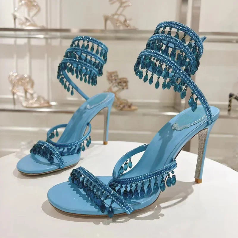Luxury High Heels Sandals Women Crystal Pendant Snake Twine Around Ankle Strap Wedding Shoes Summer Bohemian Sandals Woman