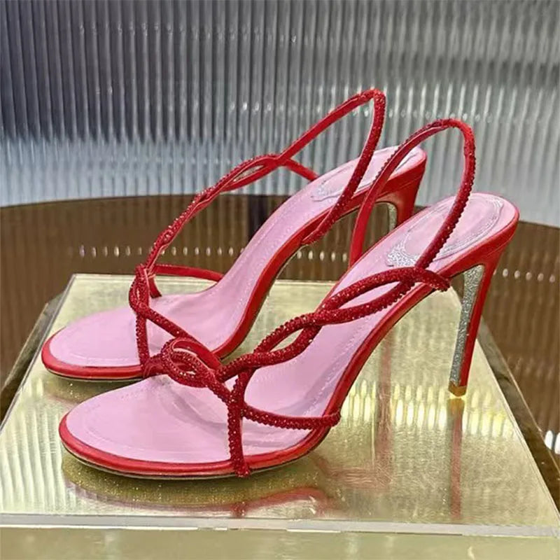 Summer High Heels Sandals For Woman Bling Rhinestone Cross-tied Banquet Dress Shoes Open Toe Stiletto Crystal Sandalias Women