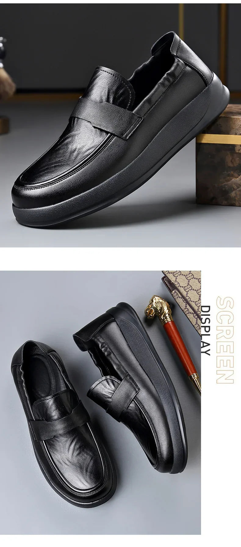 Spring Summer New Genuine Leather Shoes Men Solid Color Fashion Loafers Male Soft Sole Anti-slip Height-increasing Loafers Man