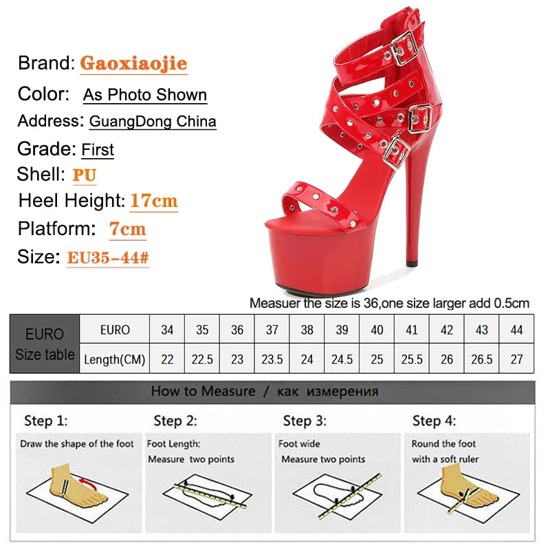 Black Hollow Out Heel Nightclub Stage Sandals Rivet Belt Zip Summer Roman Women Shoes 17CM/7Inchs Model Sexy Wedding High Heels