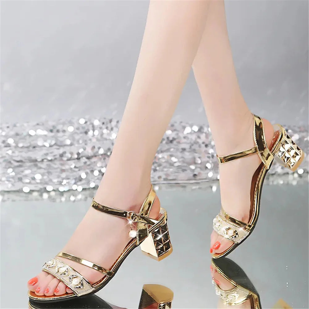 zapatos de mujer women cute sweet sexy silver square heel sandal shoes lady spring & summer golden comfort heel shoes fa615