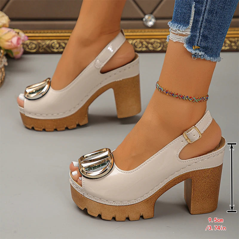 Vintage Platform High Heel Sandals Women Ankle Strap Slingbacks Summers Shoes Woman 2026 Metal Detor Plus Size 43 Sandals Ladies