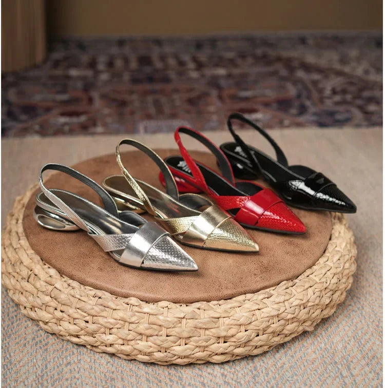 Women Sandals Luxury Designer Slingback Shoes Woman Pointed Toe Heels Golden Silver Red Pumps Block Heel Sandalias Femininas