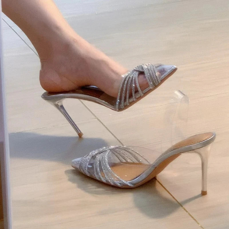 Rhinestone Sandals Women High Heels Summer Sexy Pointed Rear loop strap Stiletto Wedding Shoes Bride Small Size 34-40
