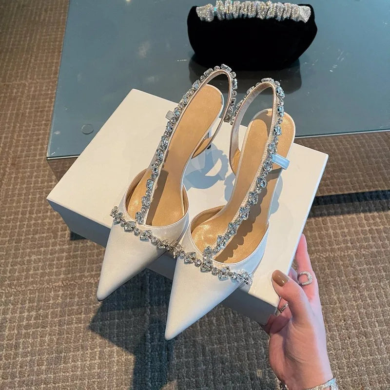 Luxury Women High Heels Ladies Pointed Toe Party Wedding Shoes White Black Stiletto Summer Rhinestone Slingback Sandals Female