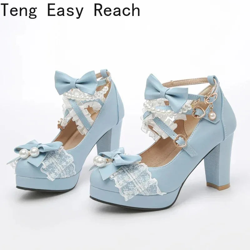 Cross Strap Women High Heels Mary Jane Pumps Party Wedding Cosplay White Pink Black Strawberry Bow Princess 2025 Lolita Shoes
