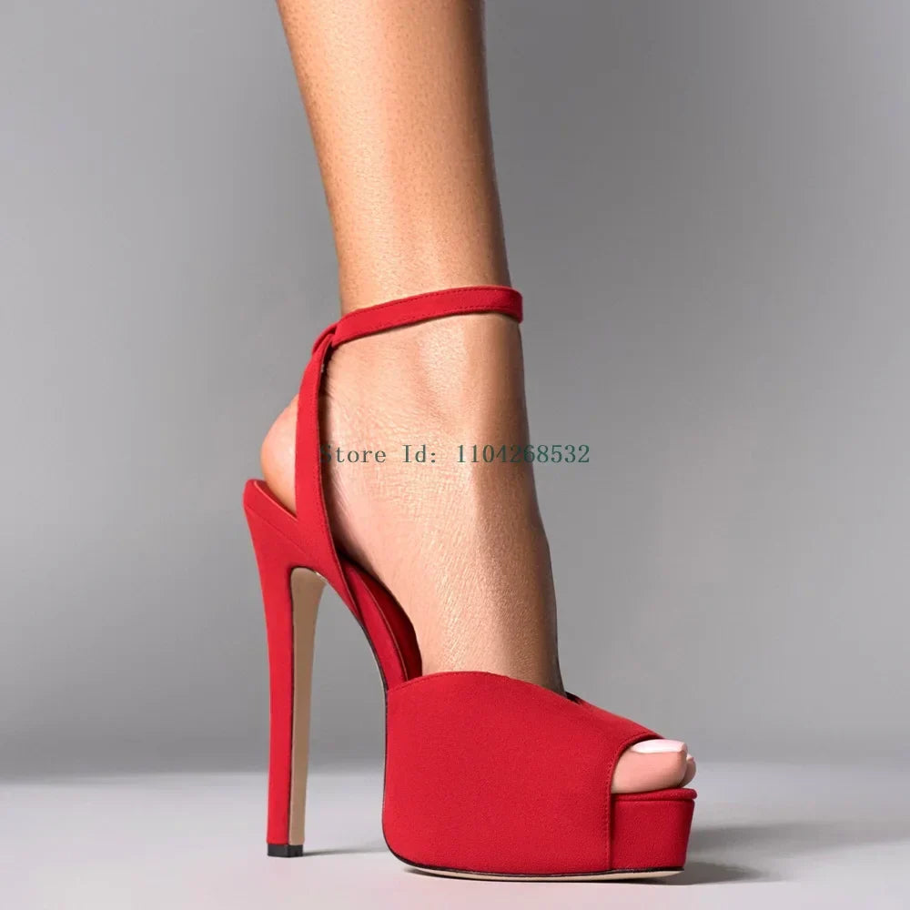Red Patent Leather Platform High Heels  Stiletto Ankle Buckle Strap Solid New Arrivals Fashion Slingback Buckle Strap Shoes