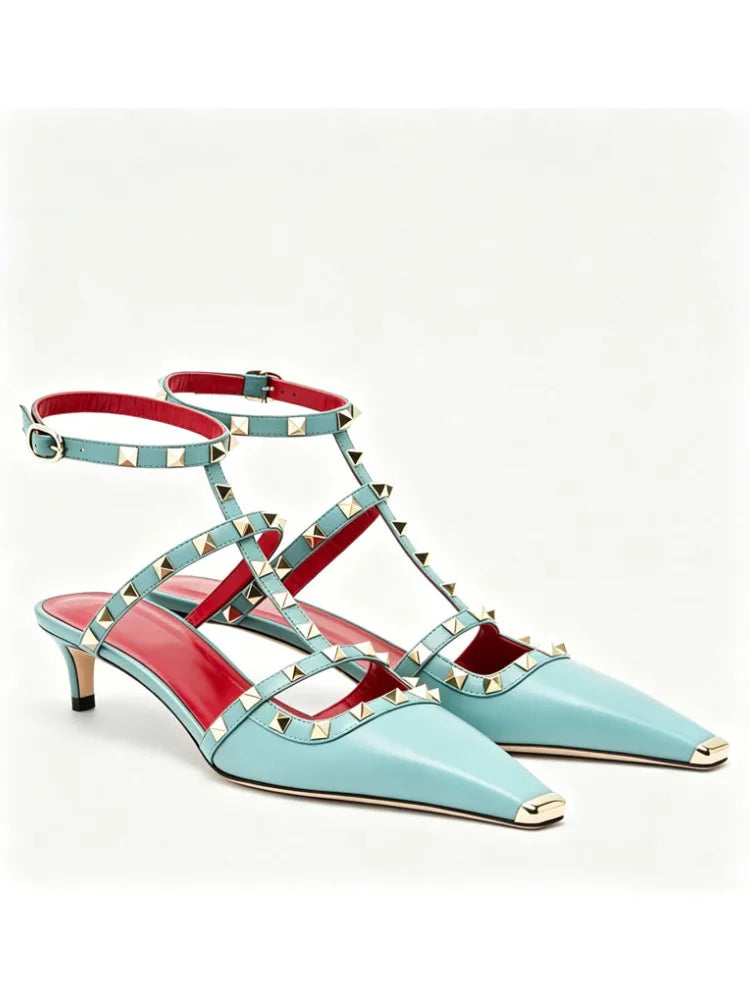 2026 Women's Rivet Low Heel Square Head Stiletto Sandals Fashion Show Party Summer Women's High Heel Sandals