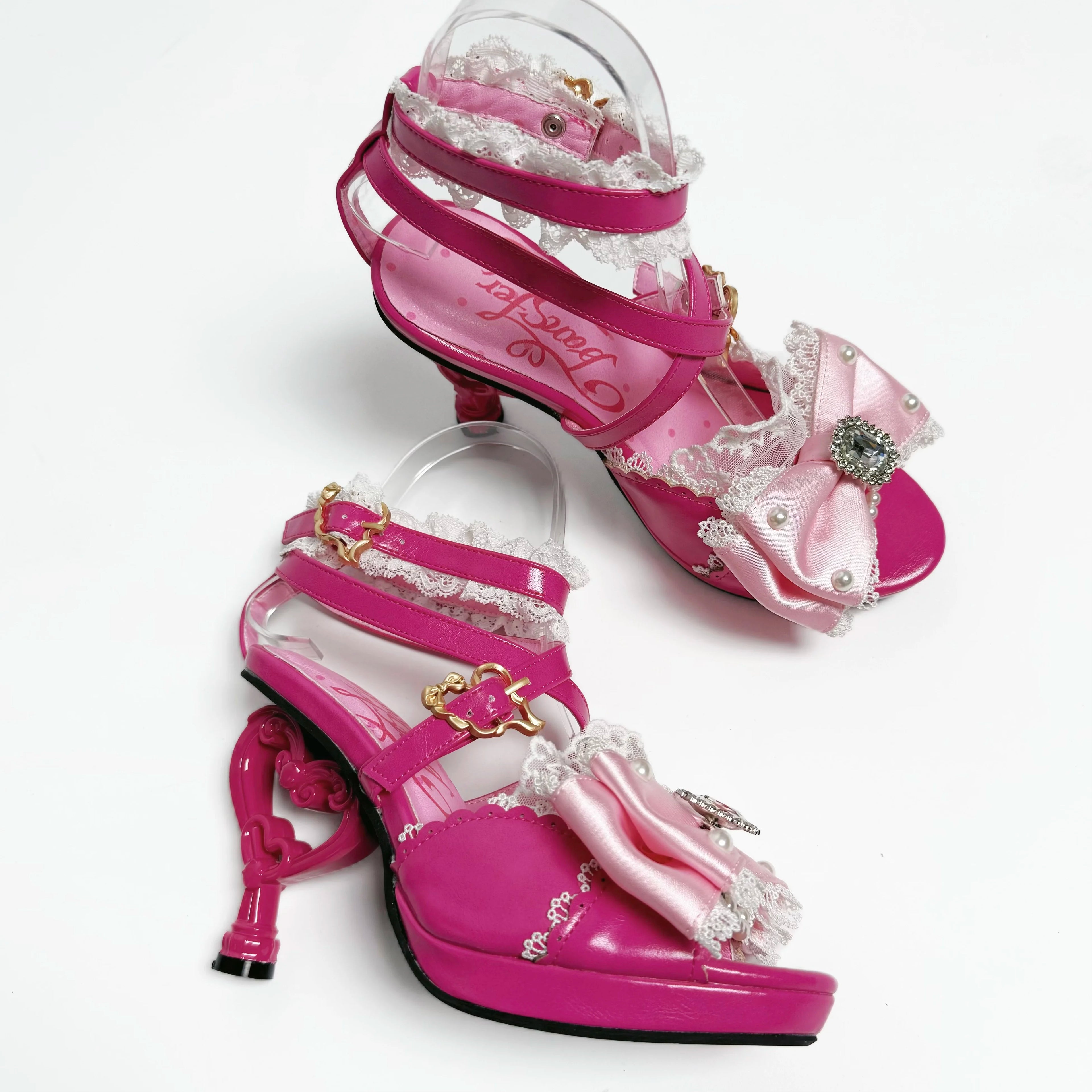 Sweet Cute Fashion Round Head Princess Lolita Shoes Women Summer New Kawaii Bow Lace Stitching Pink High Heels Girl Sandals