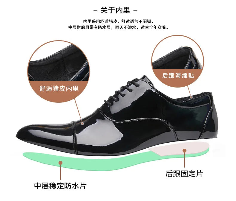 أحذية كلاسيكية رجالية من الجلد اللامع، أحذية رسمية للأعمال والمكاتب، برباط، أحذية زفاف بمقاسات كبيرة 38-49.