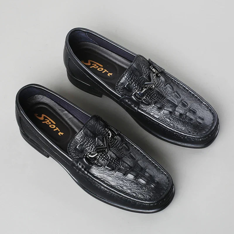 High Quality Round Toe Breathable Loafers Fashionable Brand Men's Comfortable Crocodile Patterned Casual Cowhide and Bean Shoes