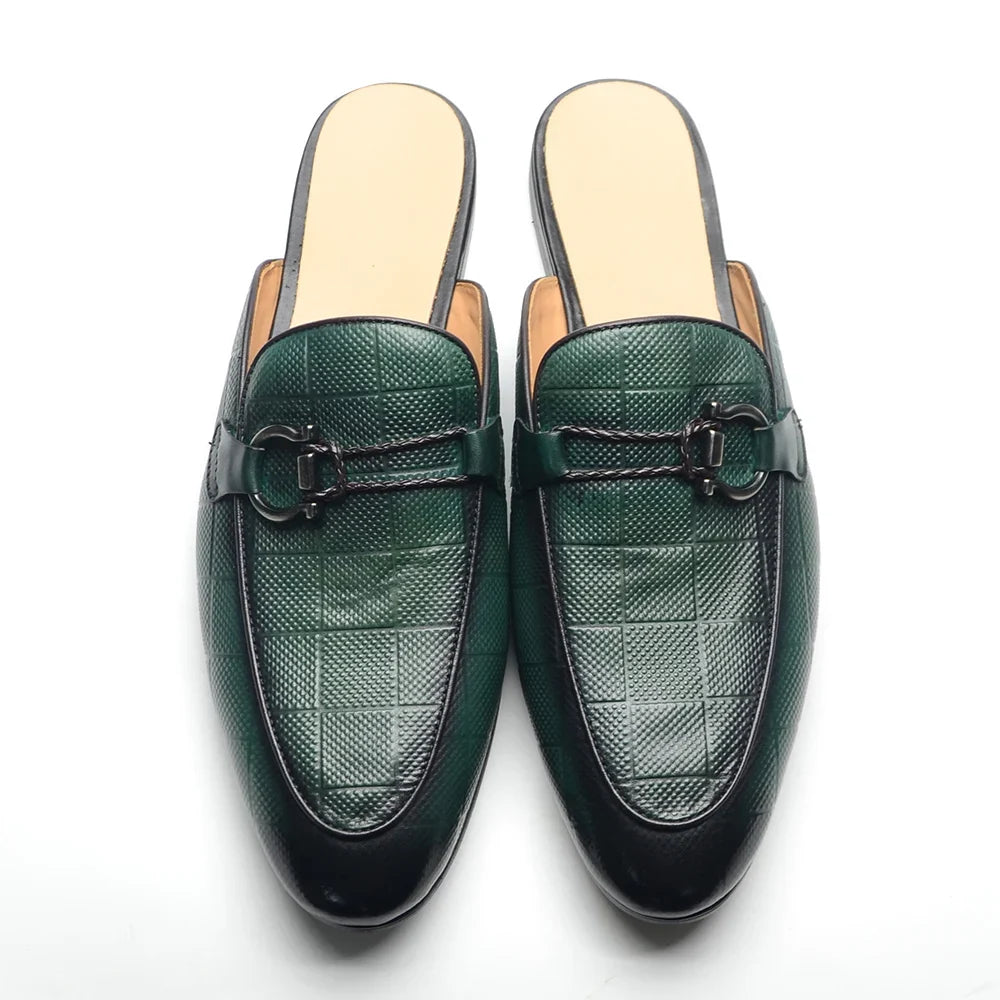 Men's Buckle Mule Slip on Backless Loafer Slides Classic Dressy Flat Sandals Checkerboard Genuine Leather Closed Toe Half Shoes