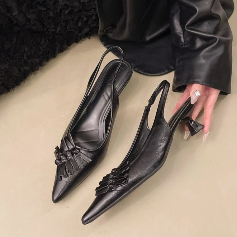 Summer 2025 Pointed Toe Slingbacks Sandals Women Elegant Kitten Heel Dress Shoes Shallow Comfy Bowknot Office High Heels Ladies