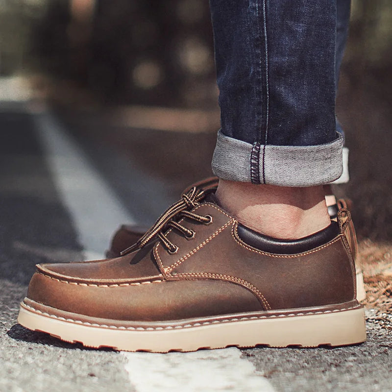 Maden Men's Vintage Dress Shoes Brown Round Toe Derby Shoes Casual Lace-up Low Top Work Boots for Office Business