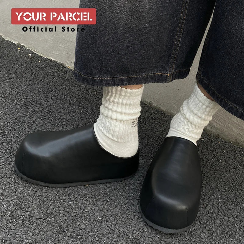 Black Boken leather shoes for men's thick soled design slippers summer new big toe mules shoes outdoor