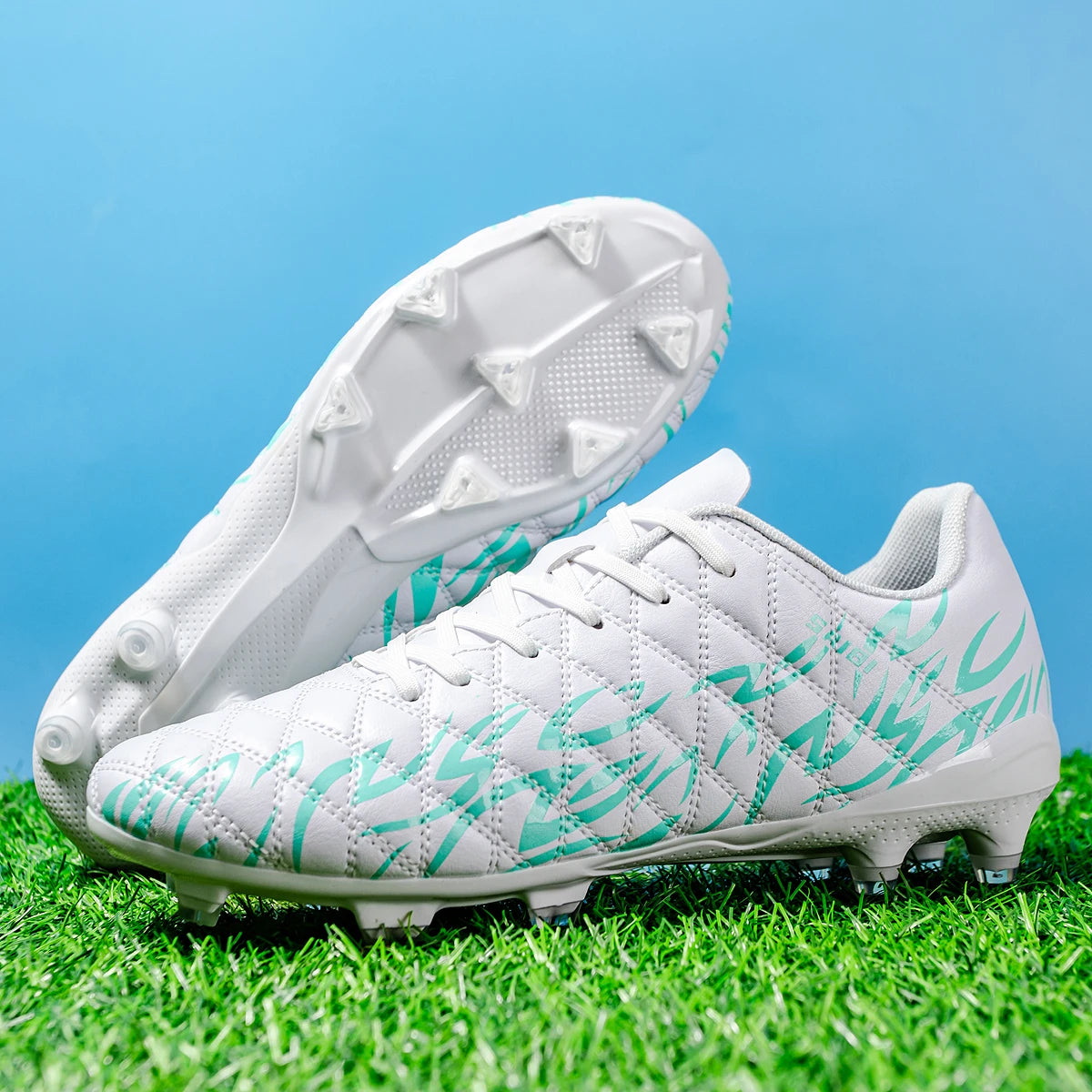 Unisex AG/FG Football Boots, Ankle Support Collar, Breathable PU Mesh, Durable TPU Long Studs, Great for Training and Competitiv