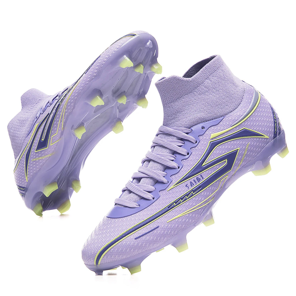 Unisex high-top soccer shoes for adult students, with the option of studded or long studs, available in 4 colors. Sole spikes