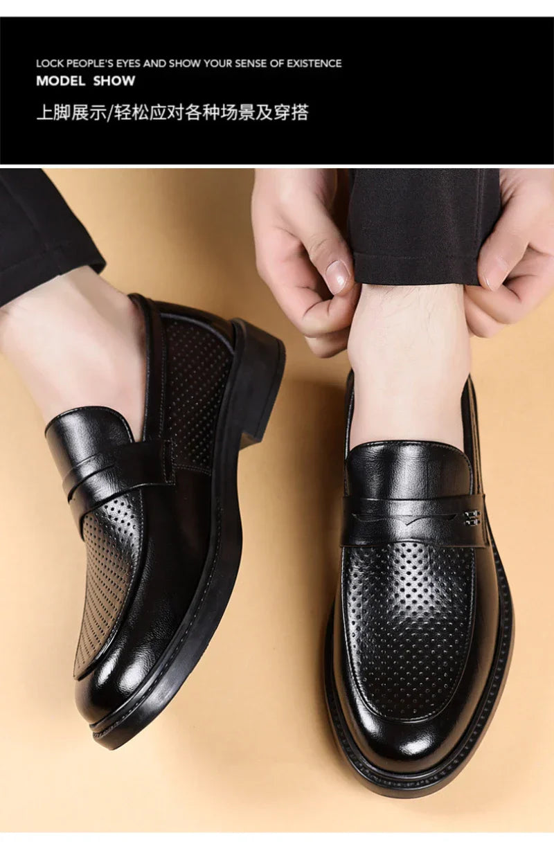 Mens Black Penny Loafers With Perforated Detail Slip On Comfortable Breathable Dress Shoes For Business Office And Summer Wear