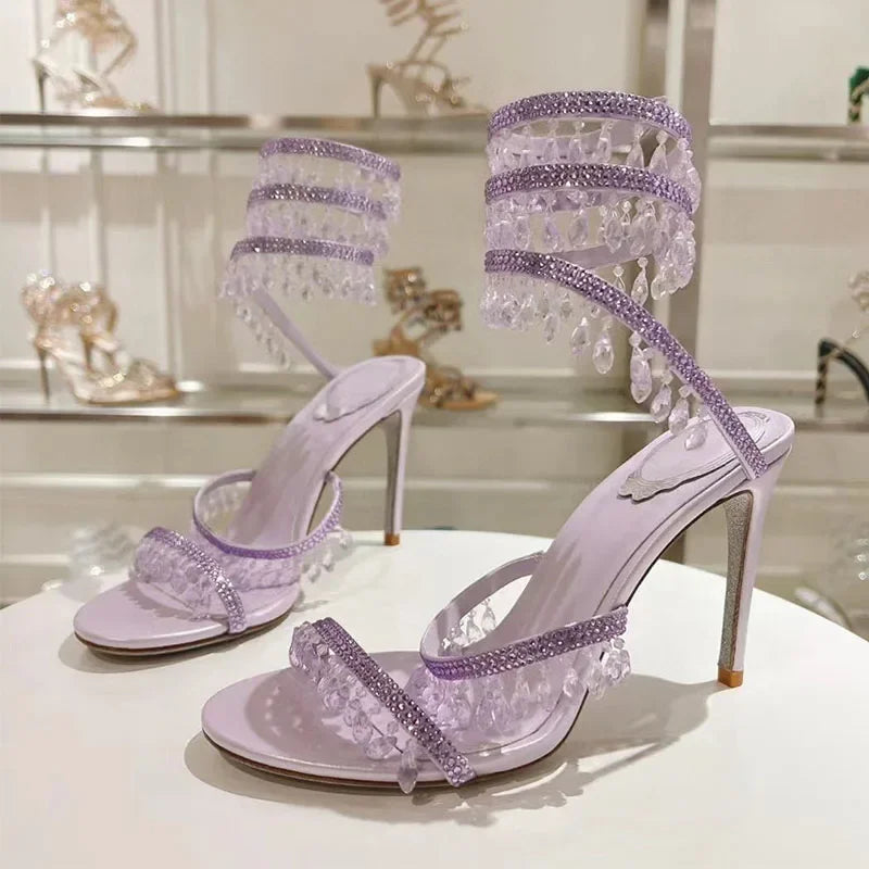 Luxury High Heels Sandals Women Crystal Pendant Snake Twine Around Ankle Strap Wedding Shoes Summer Bohemian Sandals Woman