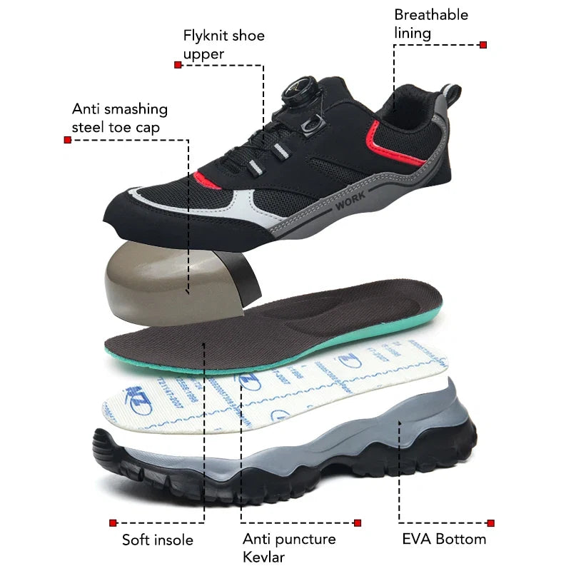 Mens Work Shoes Steel Toe Safety Boots Anti-smash Shoes Mens Black Lightweight Breathable Sneakers Rotary Button Shoes