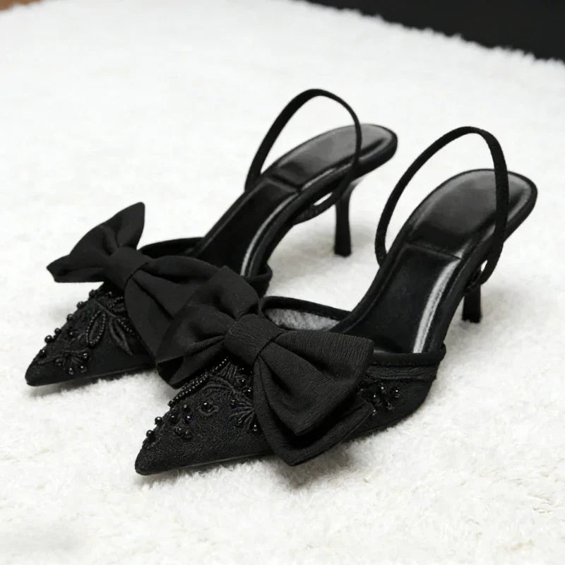 Black Mesh Beaded Decoration Heeled Sandals Women Sexy Pointed Toe Slingbacks Thin High Heels Elegant Bow Designer Women Pumps