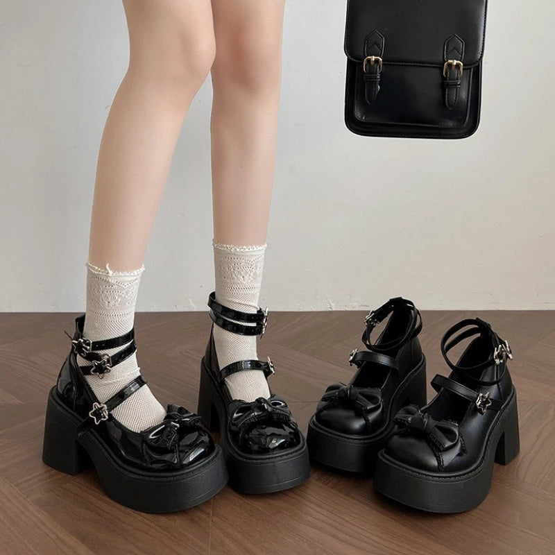 Spring Platform Thick Bottom Women Lolita Mary Jane Shoes Butterfly-knot Buckle Strap Shoes Ladies Elegant Heel Dress Pumps