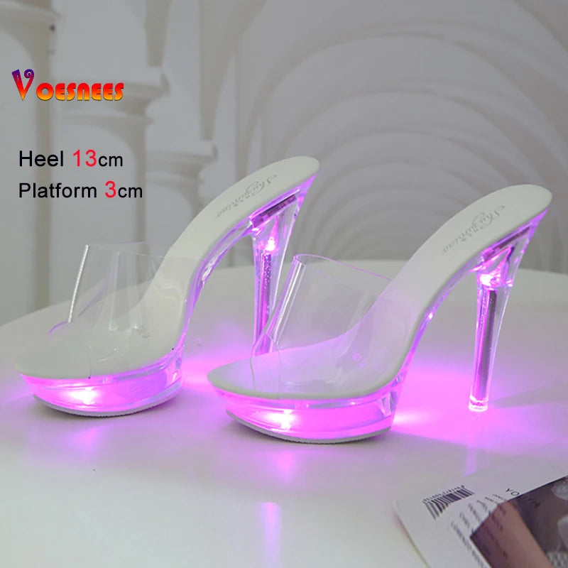 Summer Led Illuminated Women Slippers Super High Heel 13cm Crystal Ankle Buckle Sandals Transparent Platform Female Party Shoes