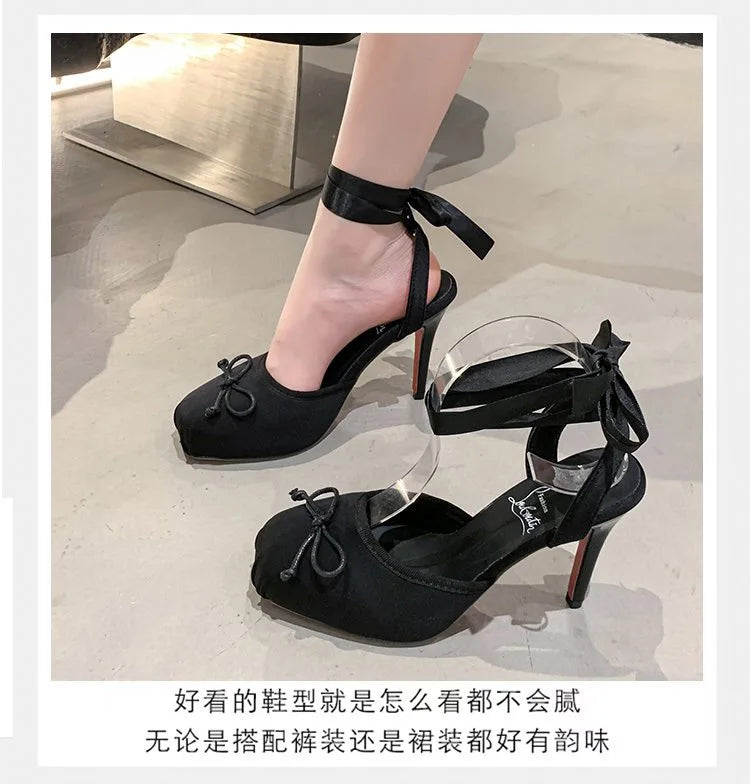 Balck Stain Lace Up Ballet Shoes Girl Pink Square Toe Bow Tie Stiletto Heel Ankle Strap Slingback Elegant Summer Sexy Pumps