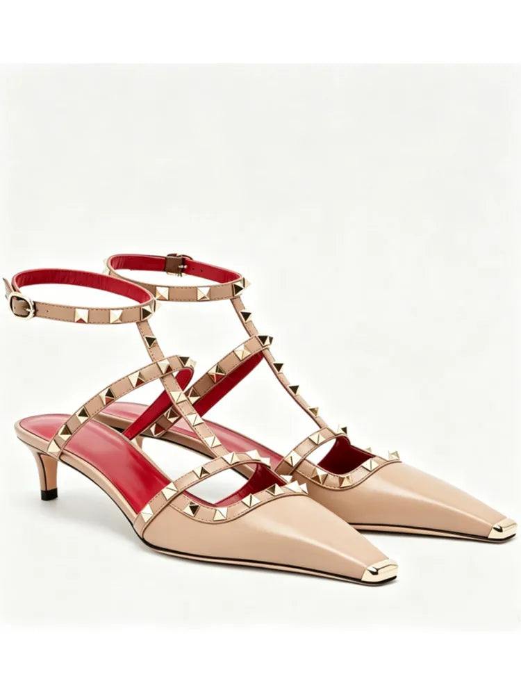 2026 Women's Rivet Low Heel Square Head Stiletto Sandals Fashion Show Party Summer Women's High Heel Sandals