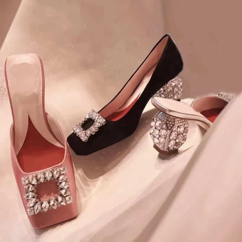 Summer Rhinestone Pumps Women Square Toe Mules Female Crystal High Heels Women Shoes Femmes Chaussures sandalias de las mujeres