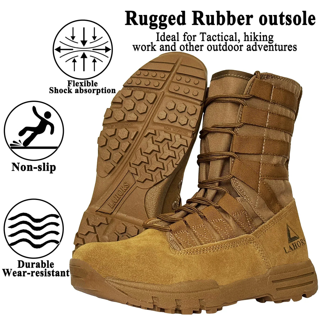 LAHORS® Lightweight Slip On Leather Tactical Combat Boot Men Outdoor Hiking Desert Army Shoe Breathable Male Ankle Boot Man made