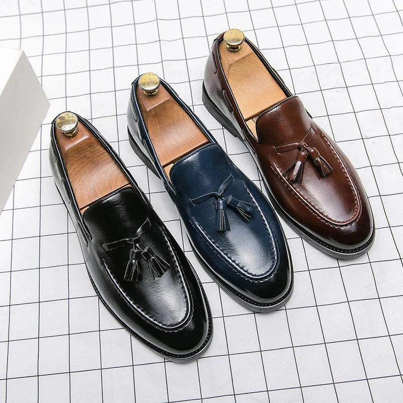 Size:38-46 American Academy Style Fringe Loafers for Men Men's Bottoms Casual Shoes Outdoor Fashion Blue Patent Leather Shoes