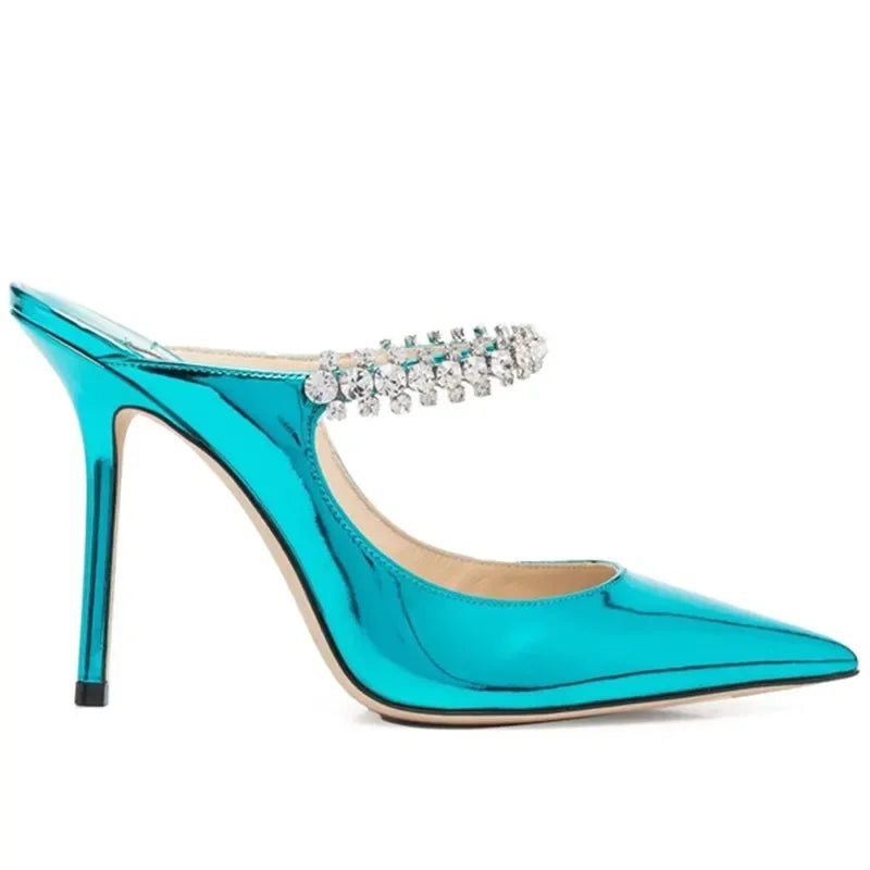 2025 Summer New Pointed High Heels Women's Muller Shoes Transparent Water Diamond Sexy Fashion Thin Heel Women's Sandals
