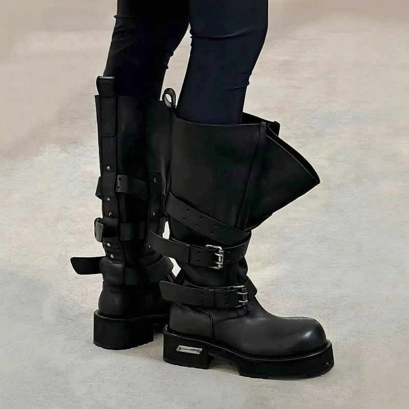 Modern Vintage Big Round Toe Height Increasing Boots Men's Belt Buckle Street Style Mid-Calf Boot Platform Motorcycle Boots