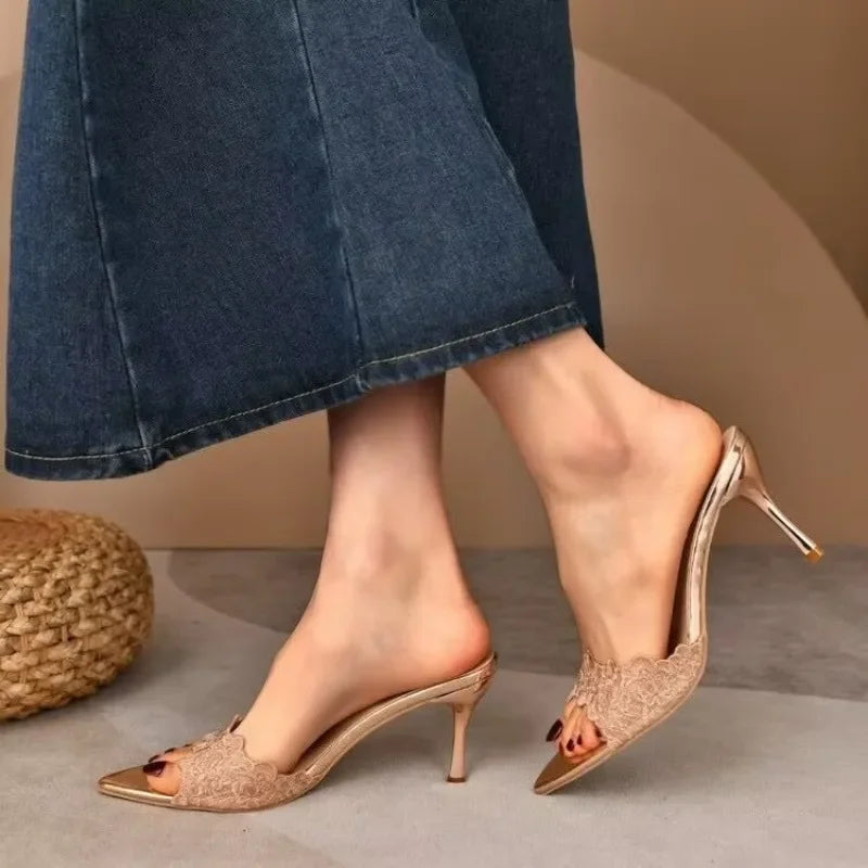Luxury Lace Crochet Mule Slipper Woman Brand Design Point Toe High Heel Slide Sandal Ladies Elegant Evening Party Stiletto Shoes