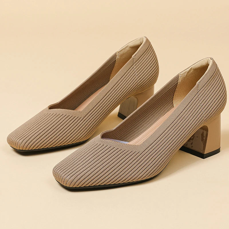 Women's High Heels Comfortable Square Knitted Breathable Comfortable Shoes (5cm High) Autumn 2025 New Collection