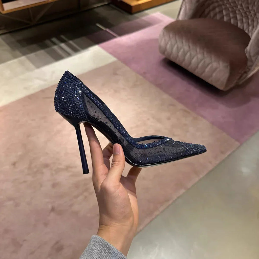 New mesh rhinestone pointed thin heel high heels for women, shallow mouth single shoes, sexy spicy sandals