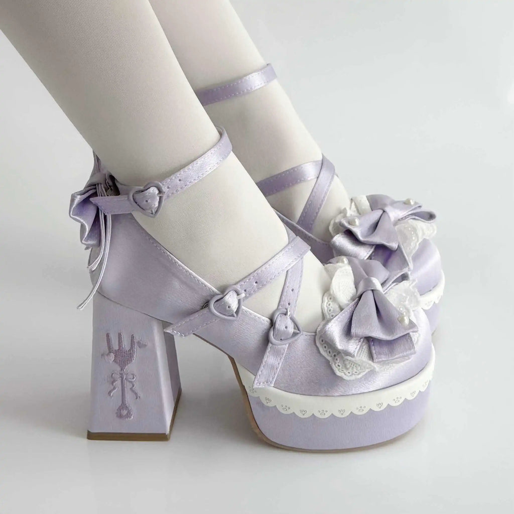 Lovely Girls Lolita High Heels Platform Shoes ,Young Women Students Sweet Pearl Lace Bowknots Embroidery Ankle Strap Mary Janes