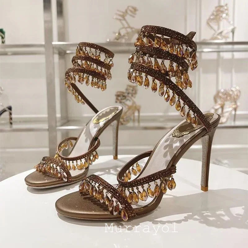Tassels Rhinestone Decor Thin High Heels Sandalias Women Ankle Snake Shaped Strap Entanglement Sandals Summer Party Dress Shoes