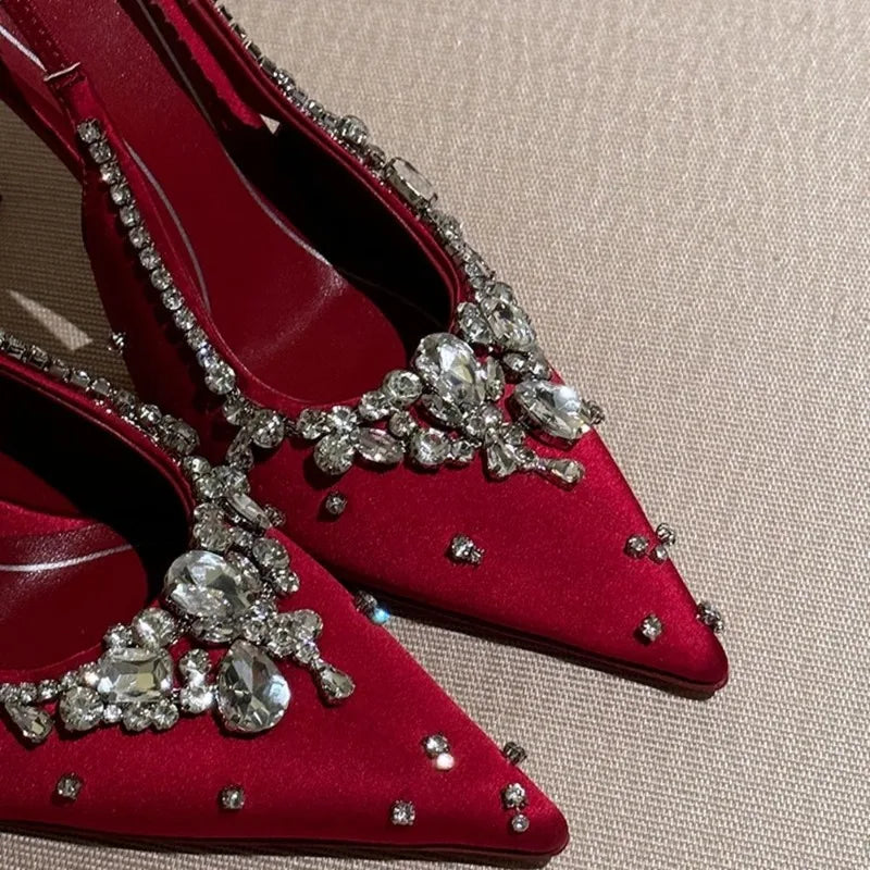 New Summer Fairy-style Rhinestone Sandals, Pointed Toe, Stiletto Heels, Satin High Heels, Exquisite Crystal Wedding Shoes, Open