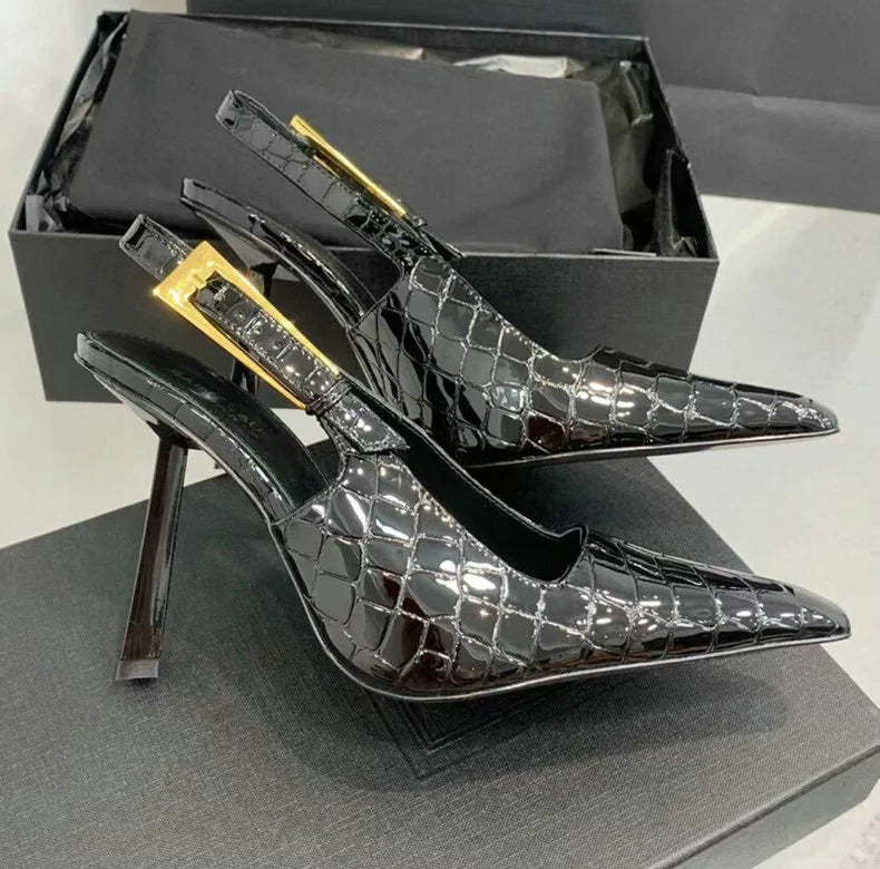 2026 New Summer French Pointed Patent Leather Fine Heel Overhead Sandals for Women Retro Skinny Heel Shoes